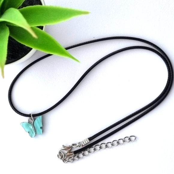 Necklace | Turquoise Butterfly Pendant | Black Cord with Silver Clasp 🦋 - Picture 2 of 6
